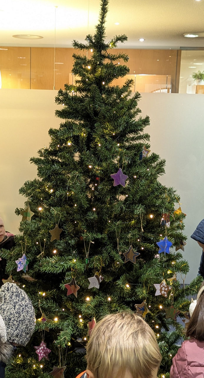 Kinder beim Schmücken eines Weihnachtsbaums mit grünen Zweigen, beleuchtet mit warmweißen Lichterketten und mit bunten Sternanhängern.