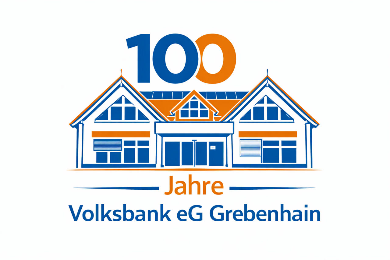 Illustration eines Gebäudes in Blau und Orange mit dem Text "100 Jahre Volksbank eG Grebenhain".