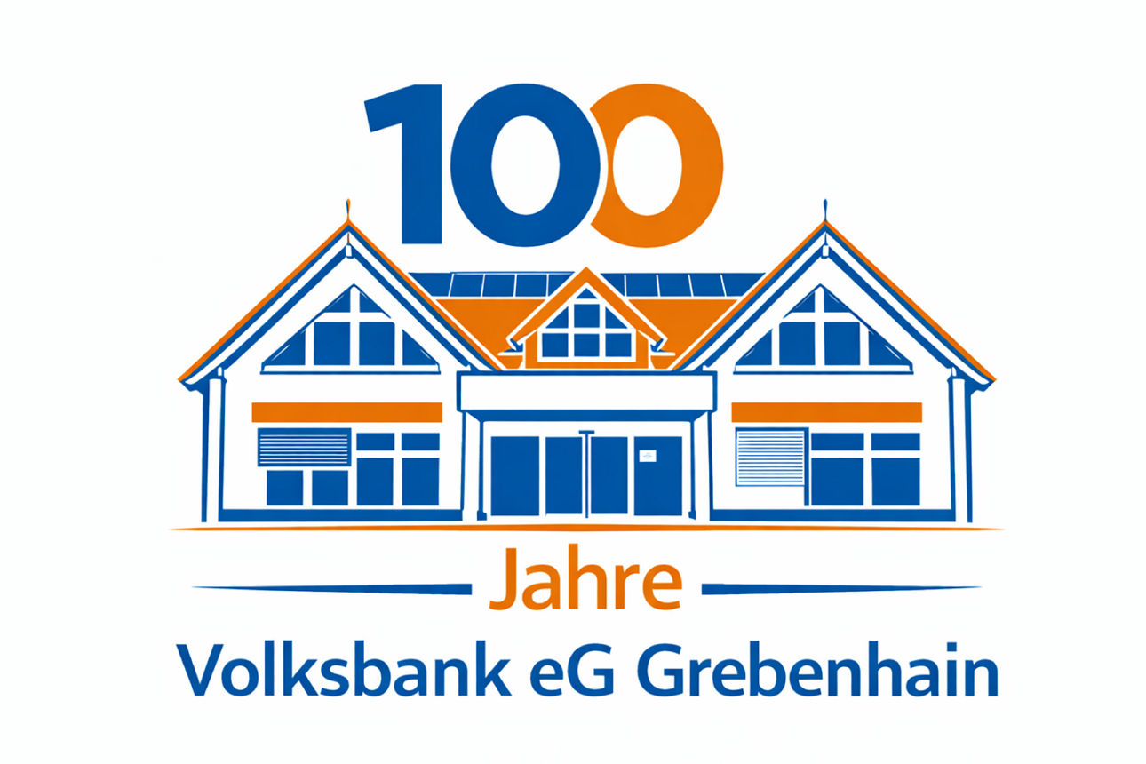 Illustration eines Gebäudes in Blau und Orange mit dem Text "100 Jahre Volksbank eG Grebenhain".