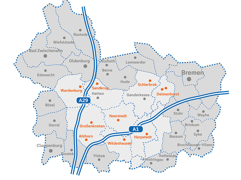 Landkarte der Region, in der die Volksbank eG Oldenburg-Land Delmenhorst Baufinanzierungen anbietet.