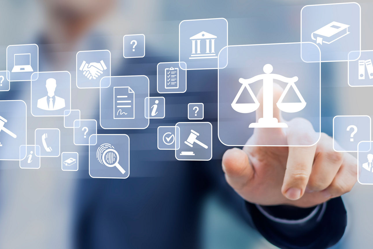 Legal advice service with professional person presenting consulting work for business contract and legislation, defense attorney, notary paperwork, court expert, concept with icons