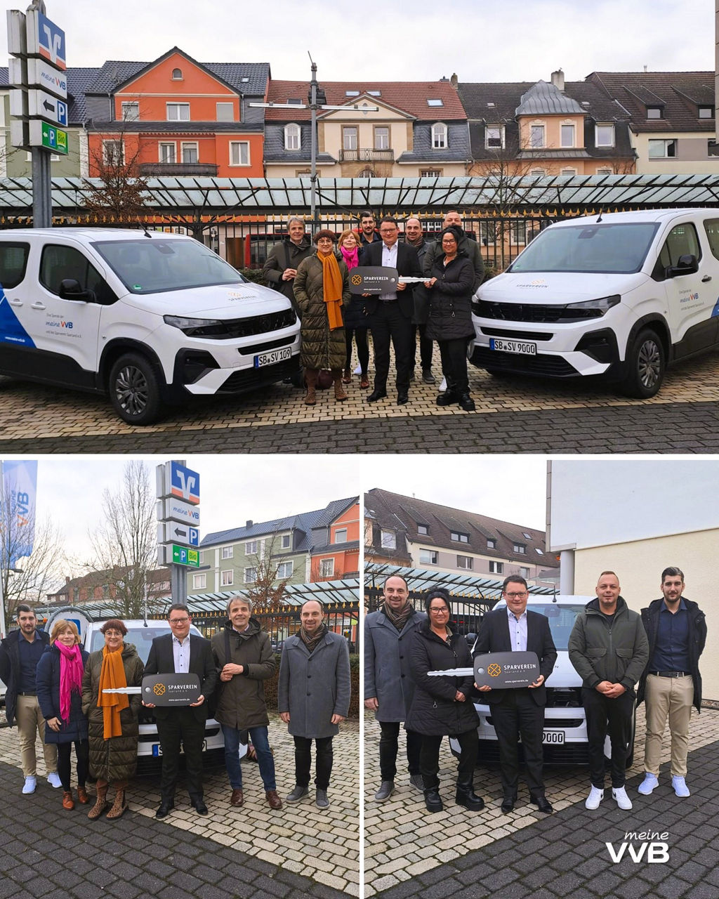 Männer und Frauen stehen vor weißen Spendenfahrzeugen der Marke Peugeot mit einem großen Schlüssel