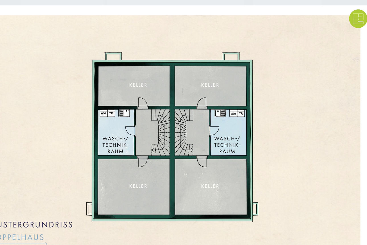 Website-Screenshot: Mustergrundriss Doppelhaus Keller mit Keller, Wasch-/Technikraum.