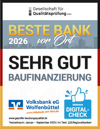 Urkunde für Beste Bank vor Ort - Bereich Baufinanzierung