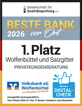 Urkunde für Beste Bank vor Ort, 1. Platz in Wolfenbüttel und Salzgitter