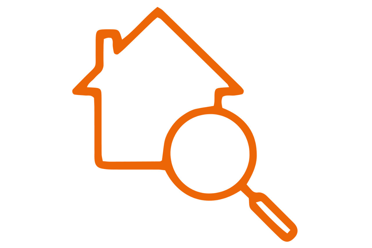 Pictogramm eines Hauses mit Lupe davor