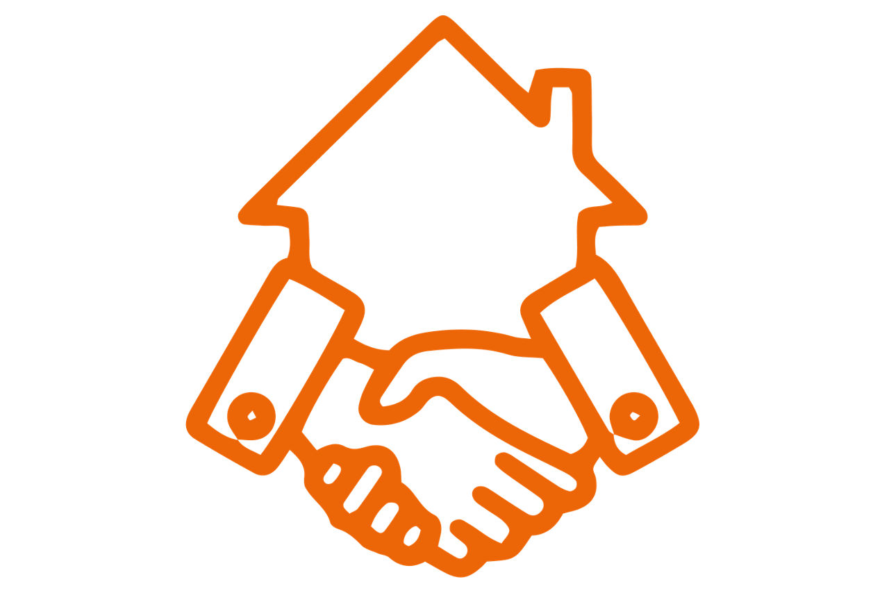 Pictogramm von zwei sich schüttelnden Händen vor einem Haus