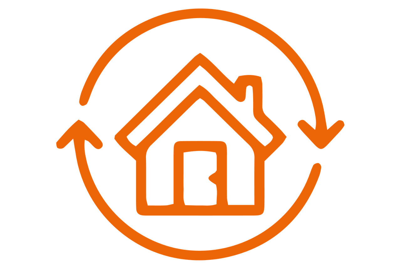 Pictogramm eines Hauses, um das sich ein Pfeil dreht