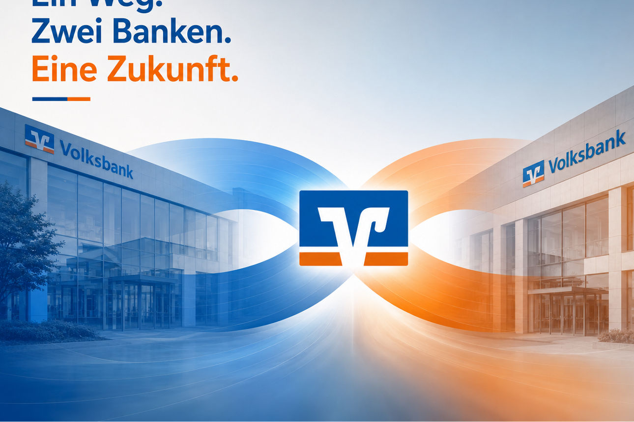 Werbegrafik zur Fusion zweier Volksbank-Filialen.