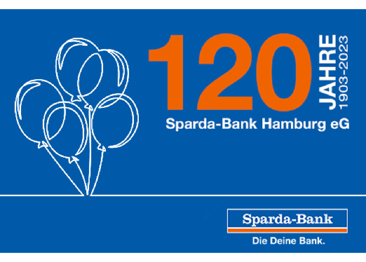 Logo zeigt Luftballlons, Sparda-Bank Logo und Schriftzug 120 Jahre auf blauem HIntergrund