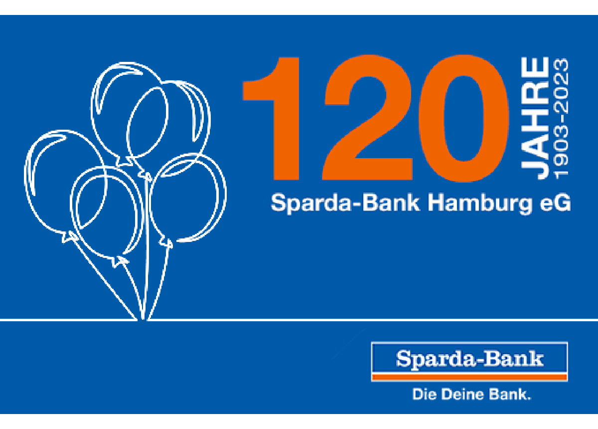 Logo zeigt Luftballlons, Sparda-Bank Logo und Schriftzug 120 Jahre auf blauem HIntergrund