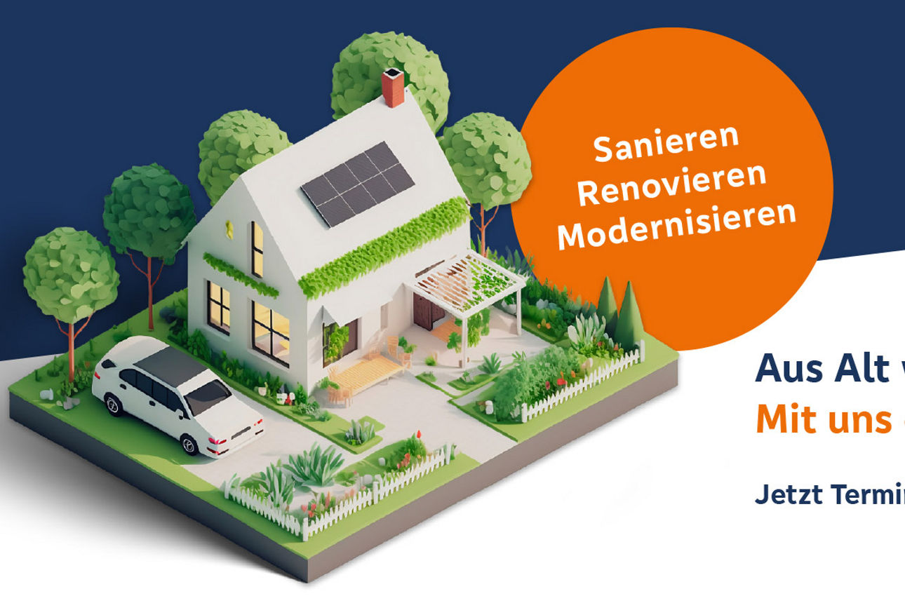 Grafik Einfamilienhaus im Garten auf blau weißem Hintergrund mit einem orangen Verstärker für Sanieren-Renovieren-Modernisieren