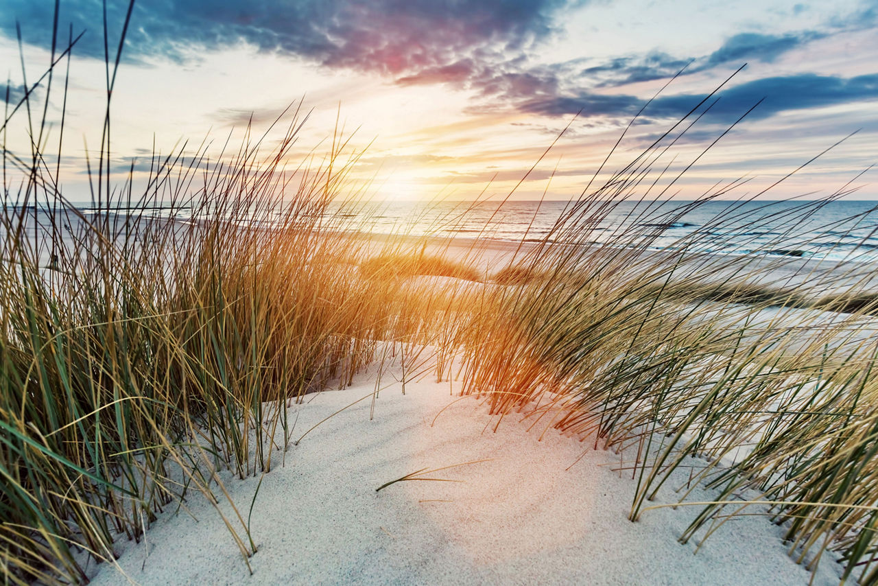 Sonnenuntergang in den Dünen am Strand
