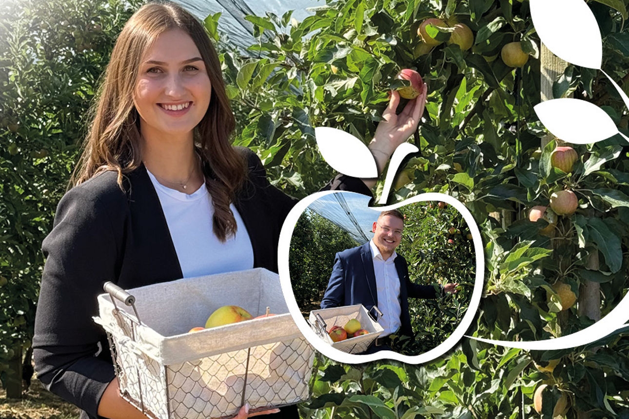 Auf dem Bild sehen Sie zwei Personen, die auf einer Apfelplantage stehen.