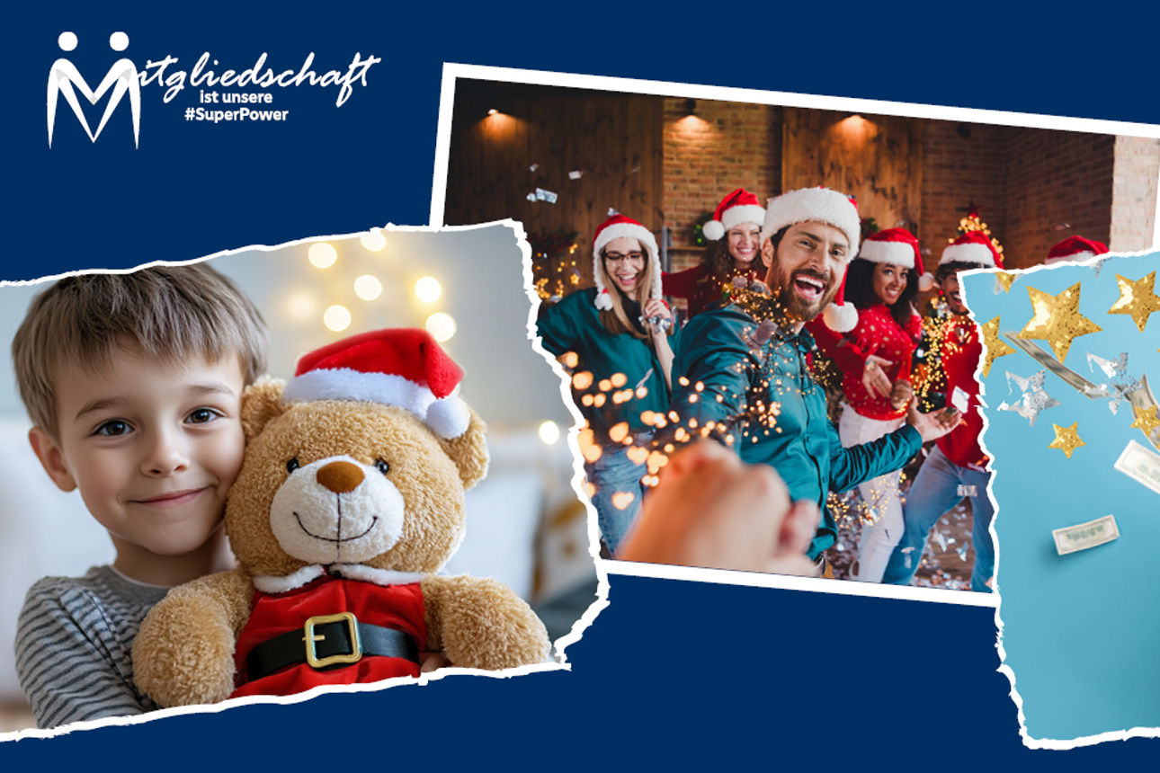 Mitgliedschaft. Kind hat einen Teddy in der Hand, Gruppe von Menschen macht ein Selfie, Person schießt Geld in die Luft.