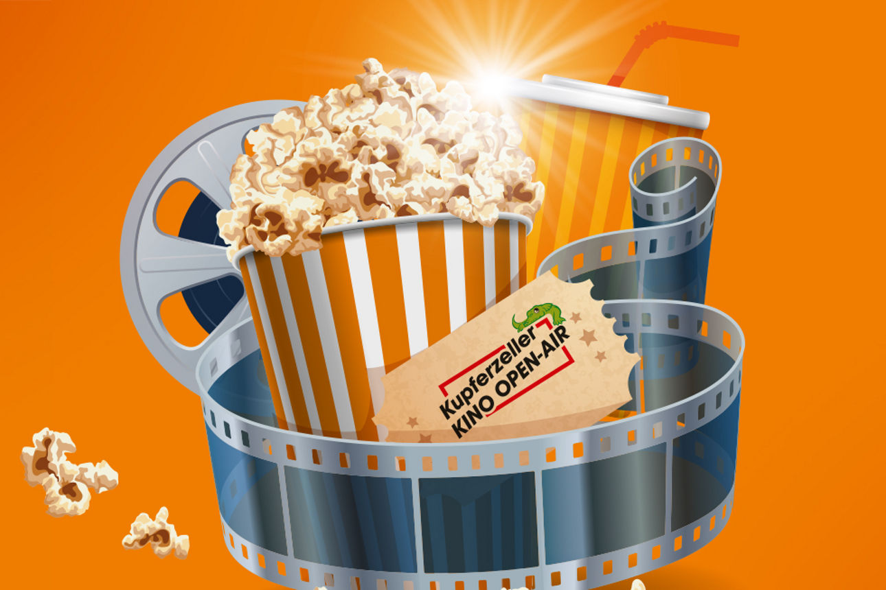 Sie sehen ein Filmband. Dazu eine Popcorn tüte und ein Getränk. Sie sehen davor ein Ticket.