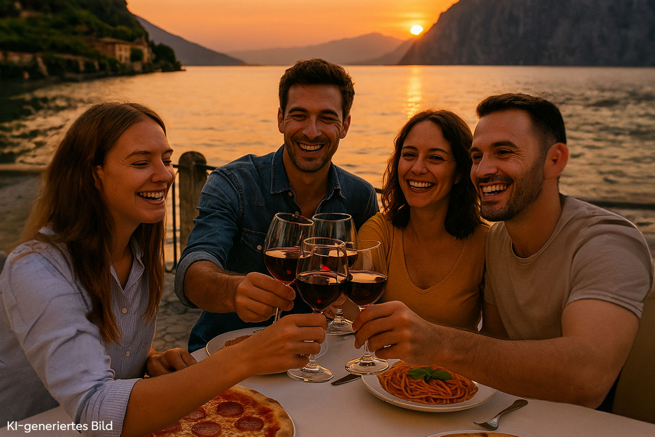 Junge Leute stoßen im Sonnenuntergang mit Wein an