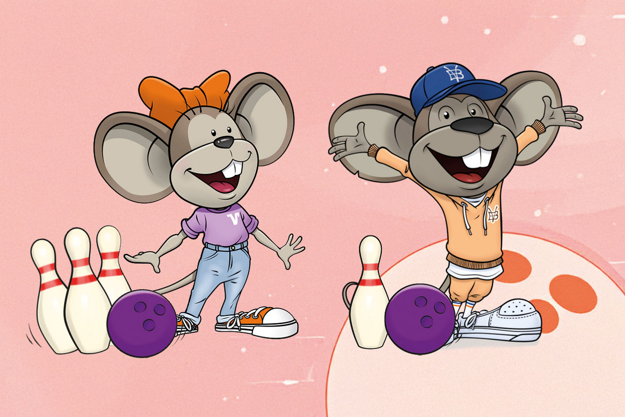 Hanni und Manni mit Bowlingkegeln und Kugeln