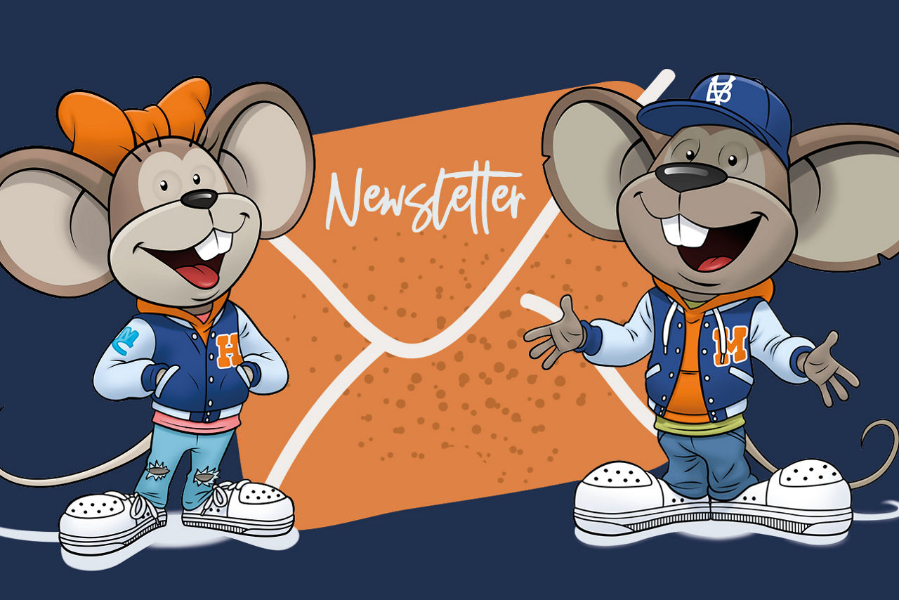 Maskottchen Hanni und Manni vor einem Brief, auf dem "Newsletter" steht