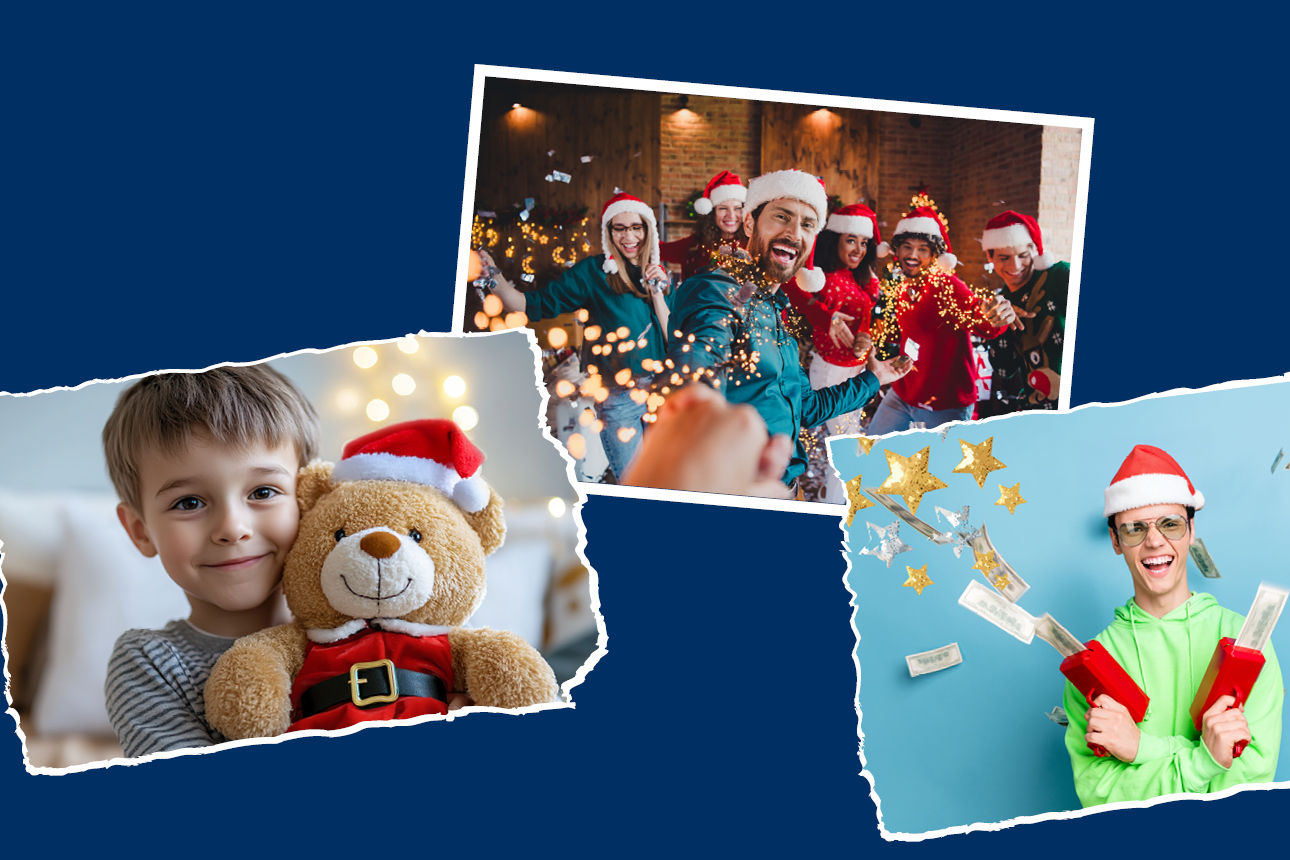  Kind hat einen Teddy in der Hand, Gruppe von Menschen macht ein Selfie, Person schießt Geld in die Luft.