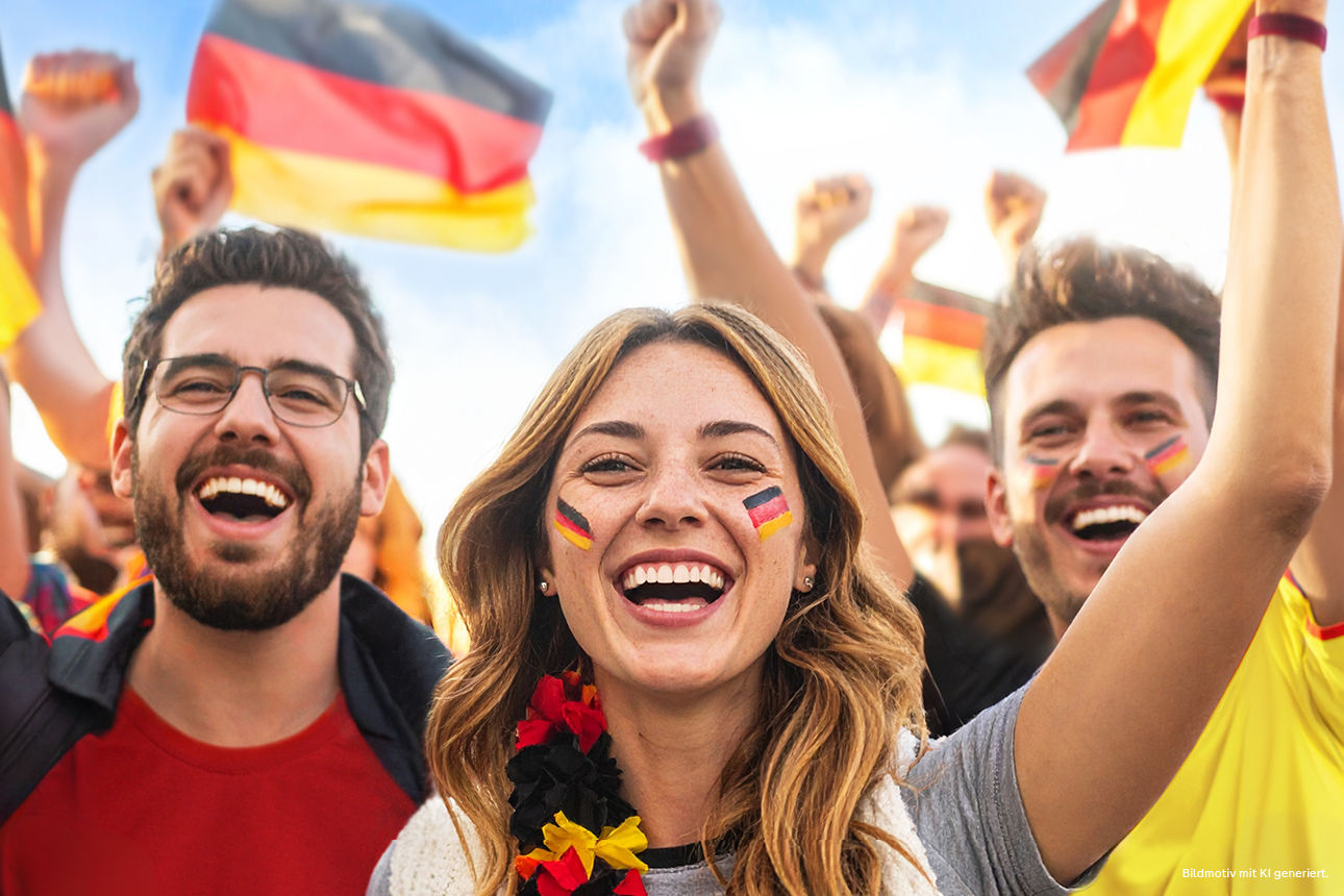 Freunde in WM-Fan Kleidung jubeln gemeinsam