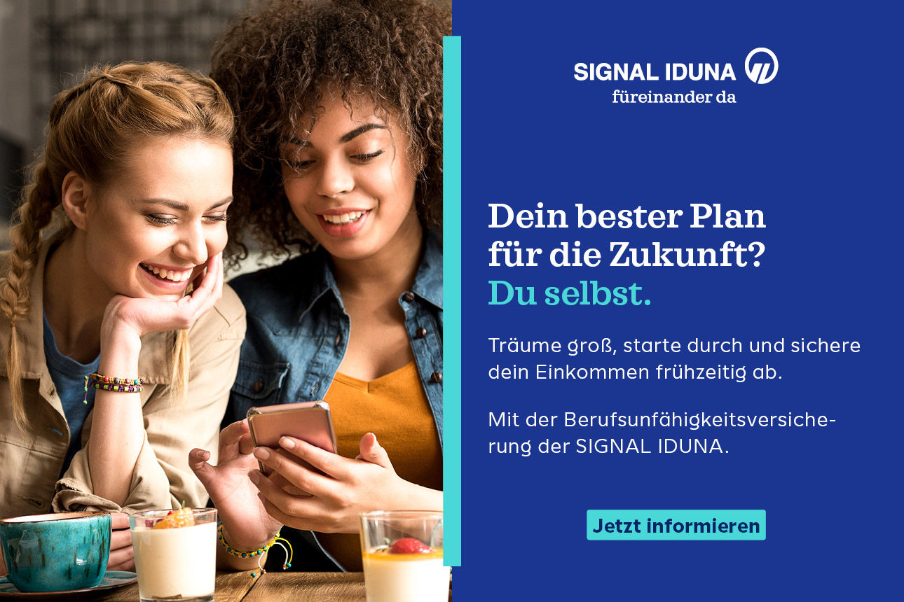 Zwei junge Frauen schauen lächelnd auf ein Handy, daneben der Text "Dein bester Plan für die Zukunft? Du selbst."