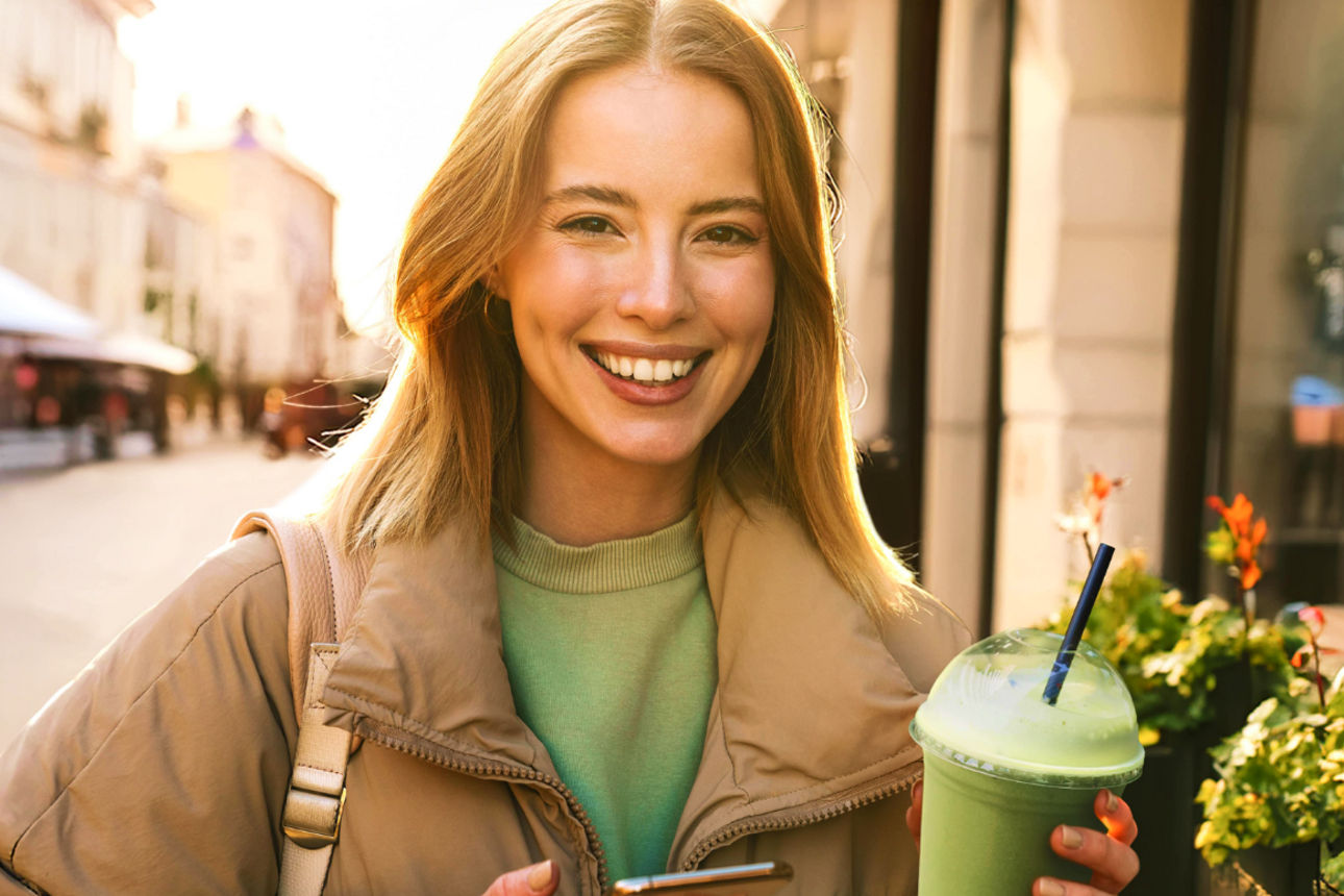 Eine Dame lächelt und hat ihr Handy und ein Getränk in der Hand