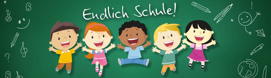 Die Grafik zeigt Kinder, welche zur Einschulung mit Freuden springen