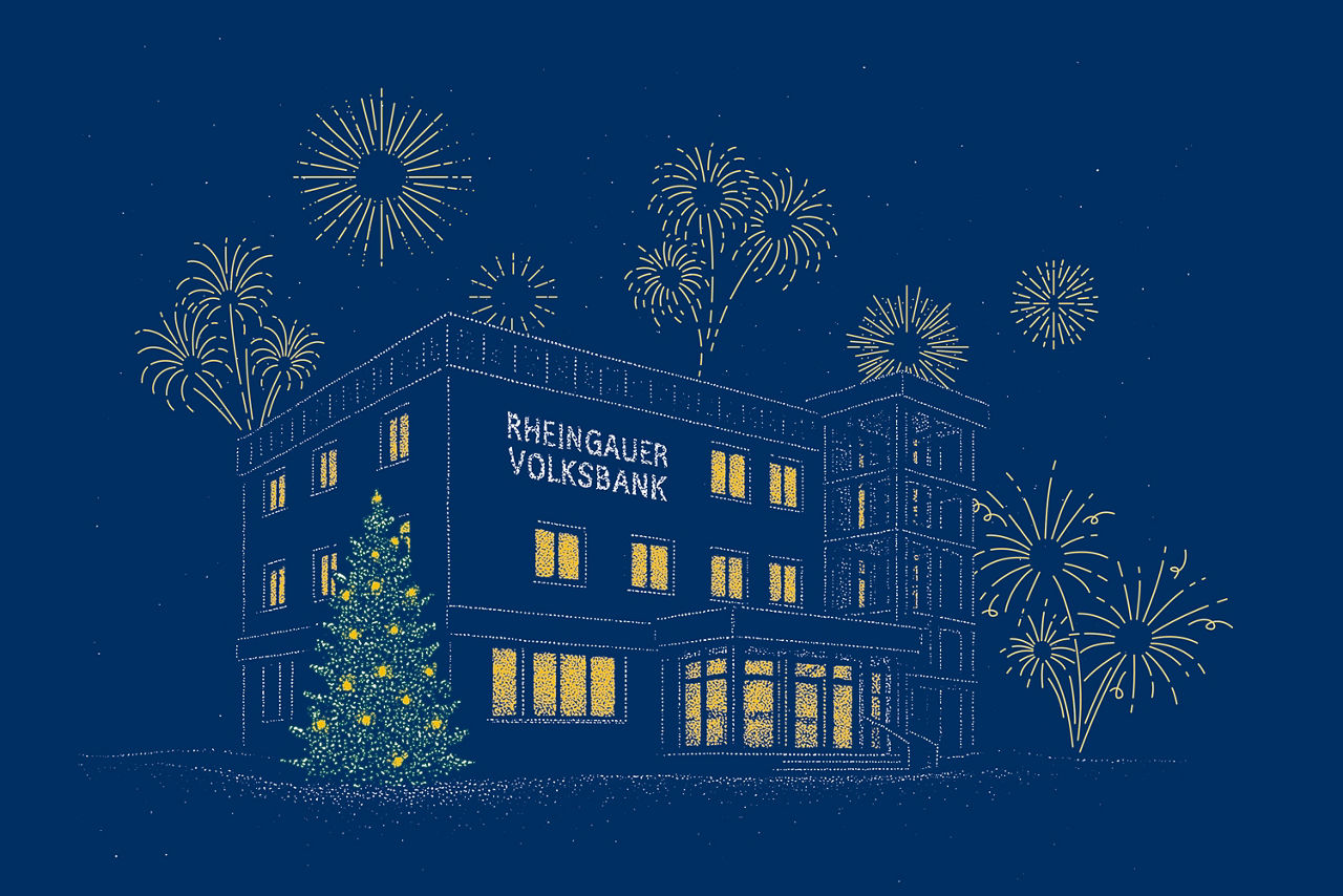 Gebäude der Rheingauer Volksbank mit beleuchtetem Weihnachtsbaum davor und Feuerwerk am Nachthimmel.