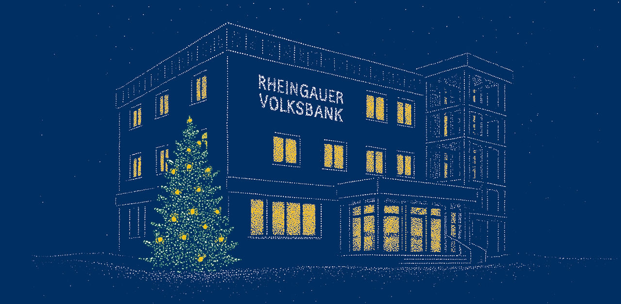 Dunkelblaue Illustration eines Gebäudes mit beleuchtetem Weihnachtsbaum und gelb leuchtenden Fenstern, Schriftzug 'RHEINGAUER VOLKSBANK' an der Fassade.