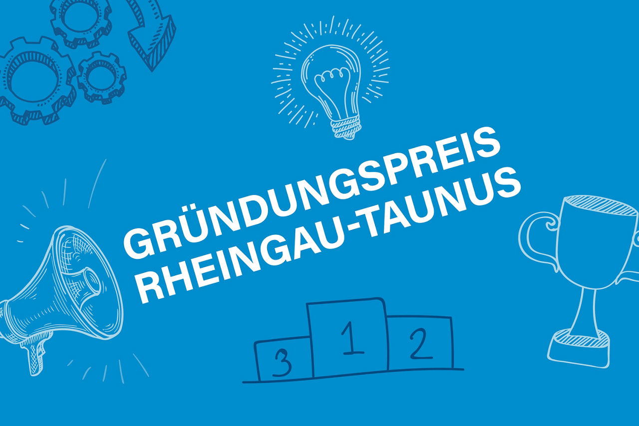 In Notizbuch-Optik der Teaser zum Gründungspreis 2024 mit den Symbolen Megafon, Siegerpodest und Glühbirne