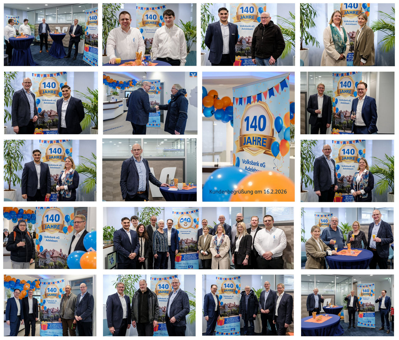 Eine Collage von Bildern von Menschen, die Jubiläumsgrafik „140 Jahre Volksbank eG Adelebsen“