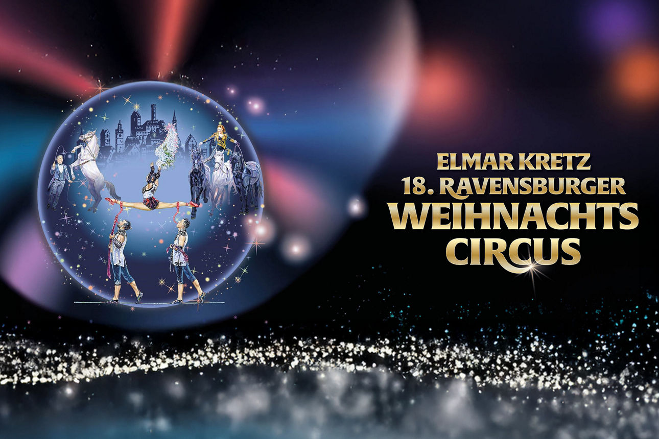 Schriftzug "ELMAR KRETZ 18. RAVENSBURGER WEIHNACHTSCIRCUS" daneben eine Abbildung der Artisten in einer Seifenblase.
