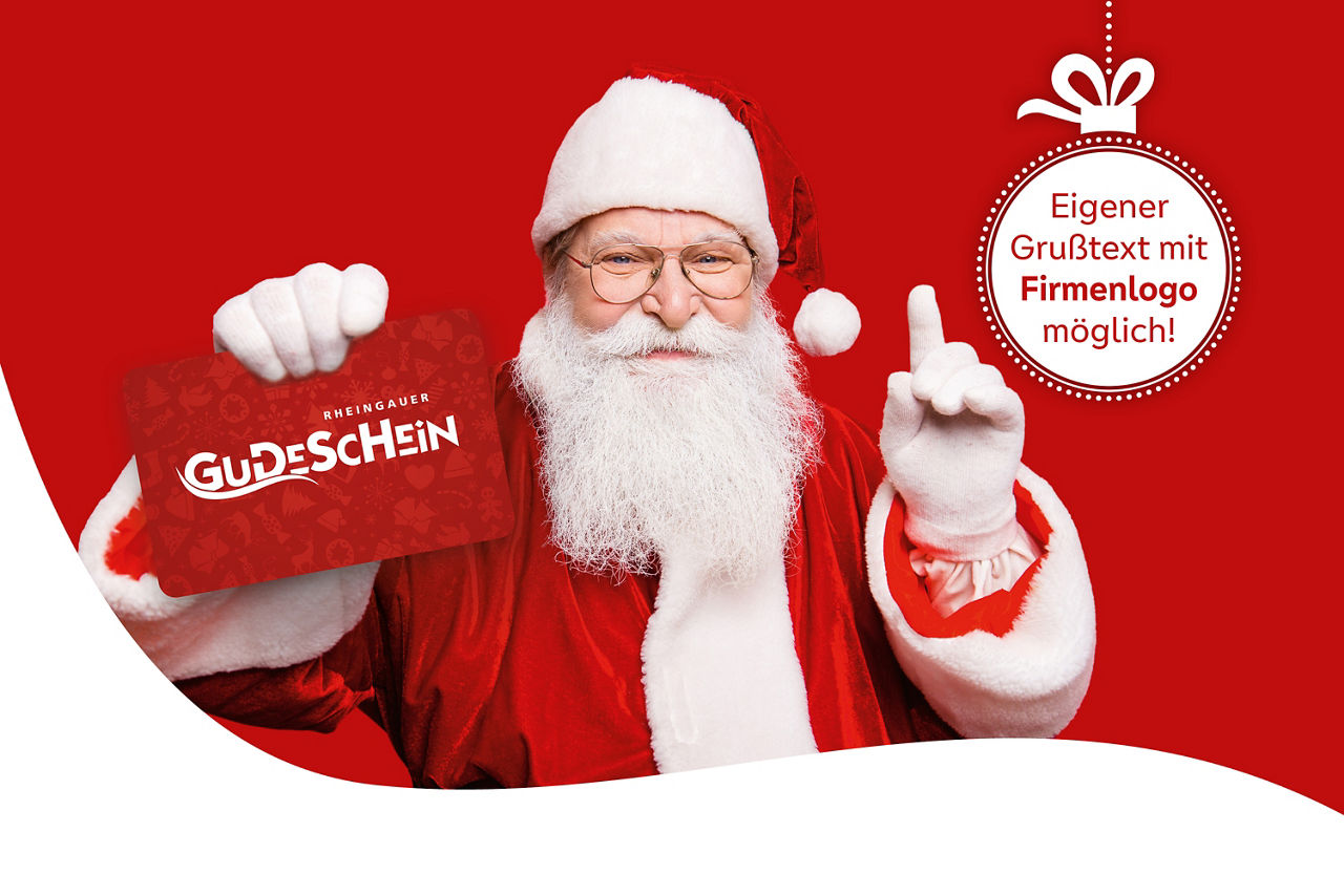 Weihnachtsmann in rotem Kostüm hält einen roten Gutschein mit weißer Aufschrift 'GUDESCHEIN' vor rotem Hintergrund.