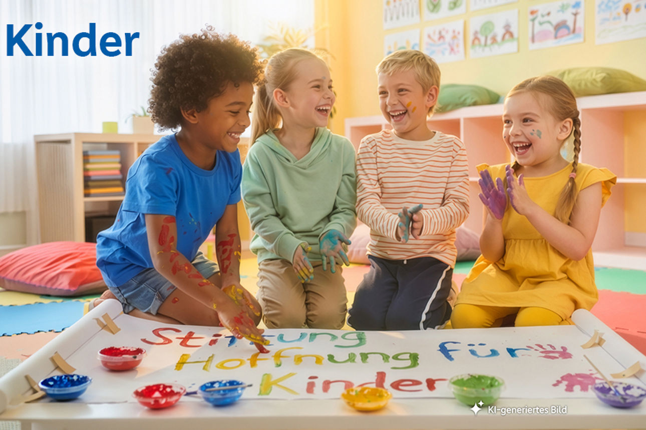 Kinder malen mit Fingerfarben den Schriftzug Stiftung Hoffnung für Kinder auf ein Plakat