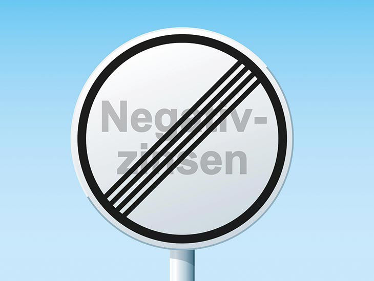 Straßenschild mit der Aufsichrift "Negativzinsen", der Schriftzug ist durchgestrichen