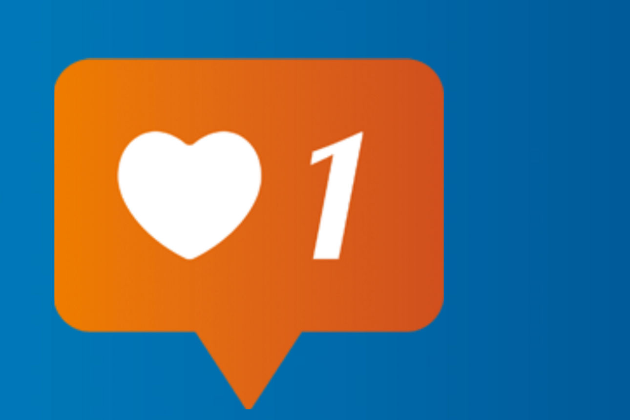 Orange Sprechblase mit Herz und 1 auf blauem Hintergrund