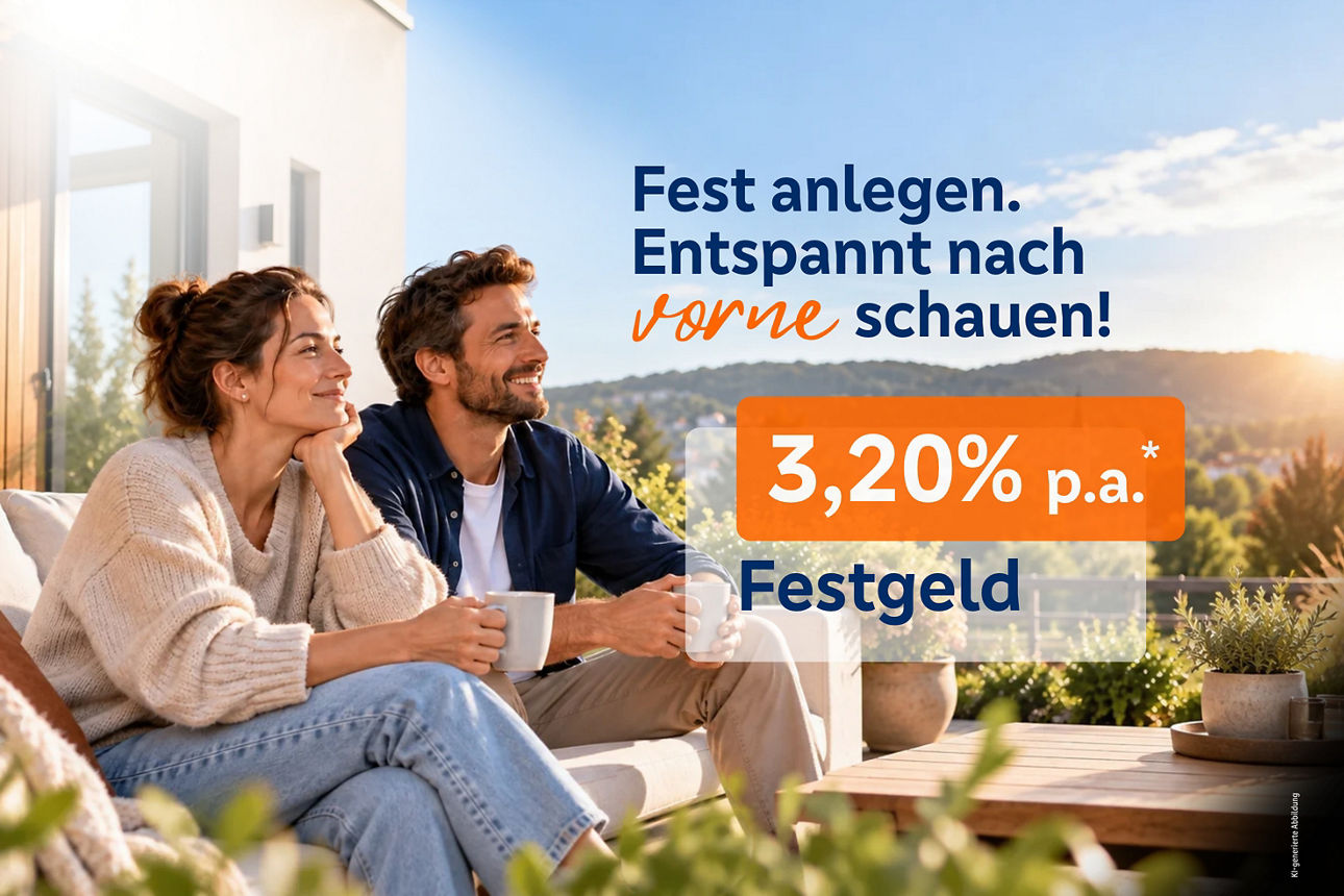 Mann und Frau sitzen entspannt auf der Terasse - Text "Fest anlegen. Entspannt nach vorne schauen! 3,20 % p.a.* Festgeld"