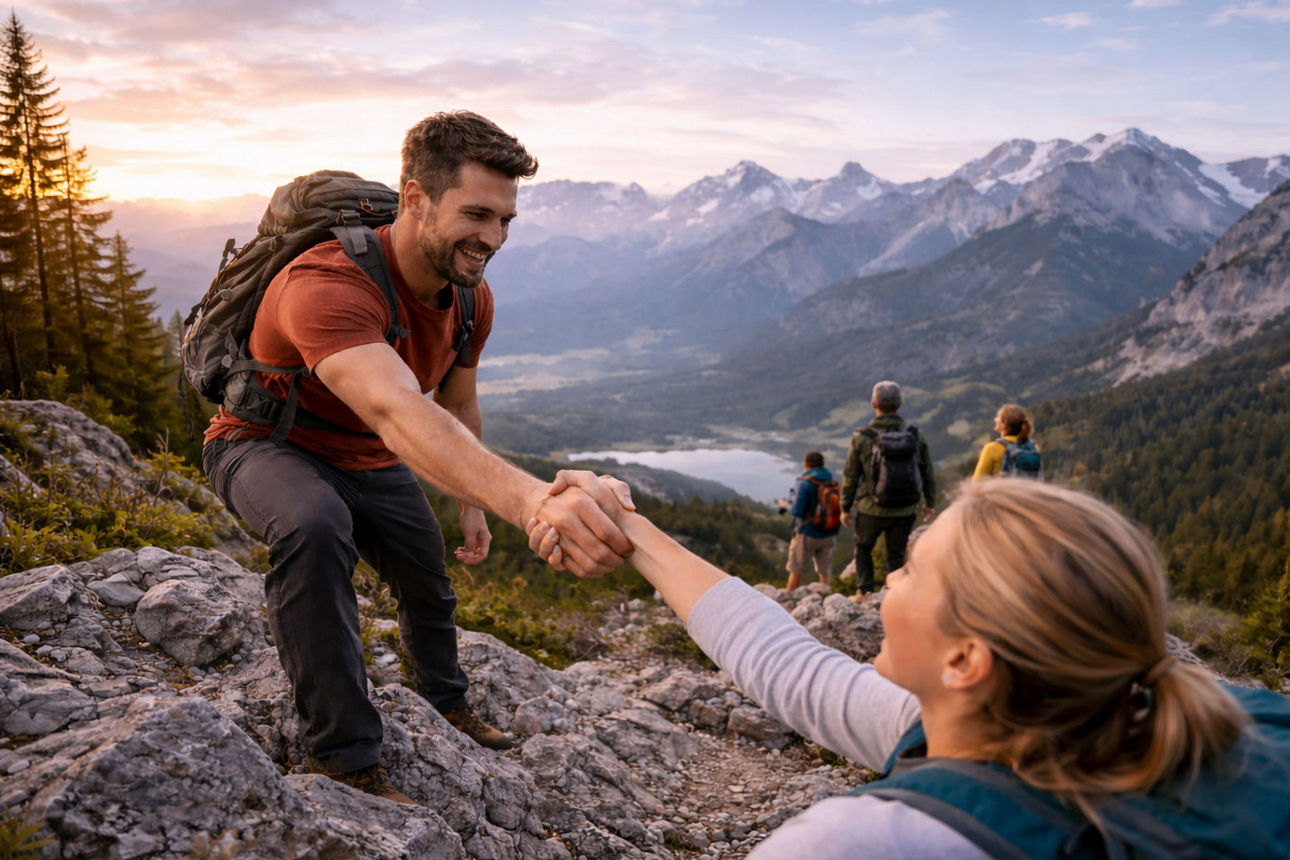 Wanderer gibt einer Frau die Hand und hilft ihr beim Erklimmen eines Berges