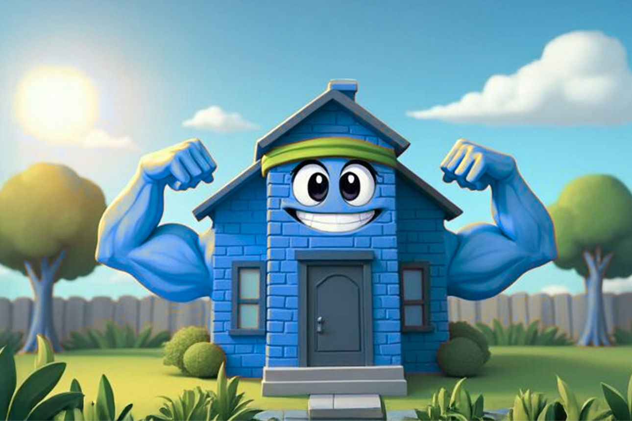 Blaues Haus mit Muskeln im Garten - Bild ist KI generiert