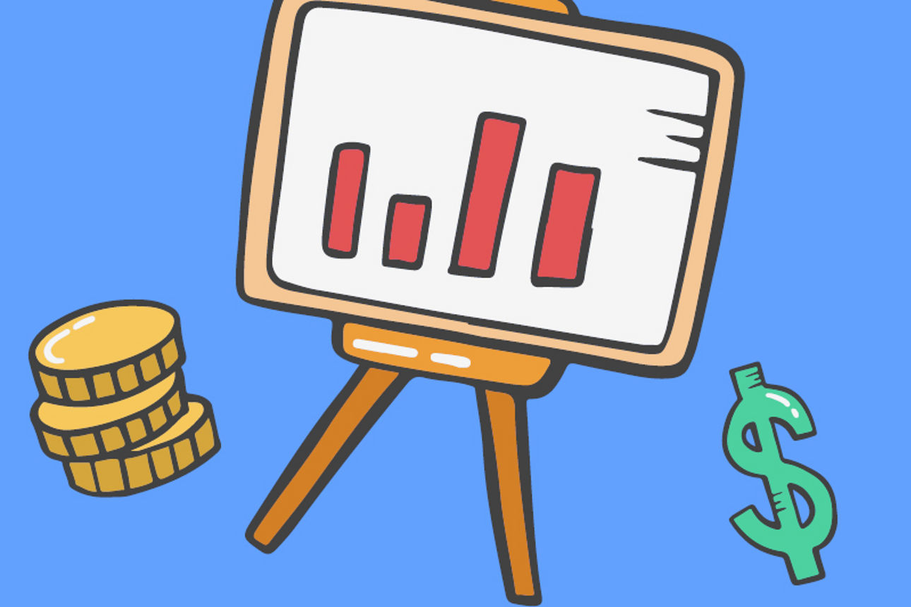 Illustration eines Flipcharts mit Balkendiagramm, daneben Münzstapel und ein grünes Dollarzeichen auf blauem Hintergrund.