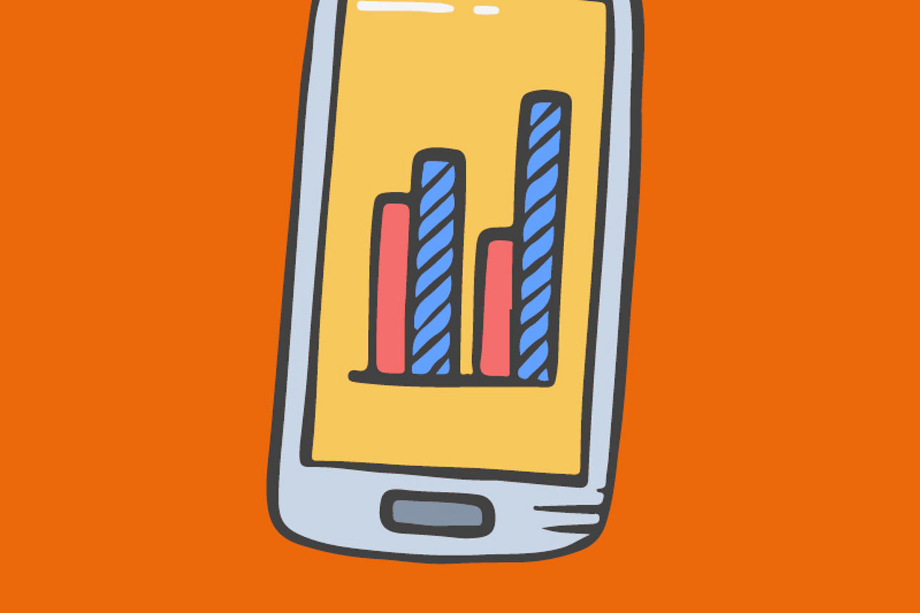 Illustration eines Smartphones mit Balkendiagramm auf dem Display vor orangefarbenem Hintergrund.