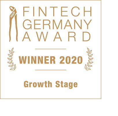 Ein Siegel mit Namen "Fintech Germany Award" und den Worten "Winner 2020", "Growth Stage"