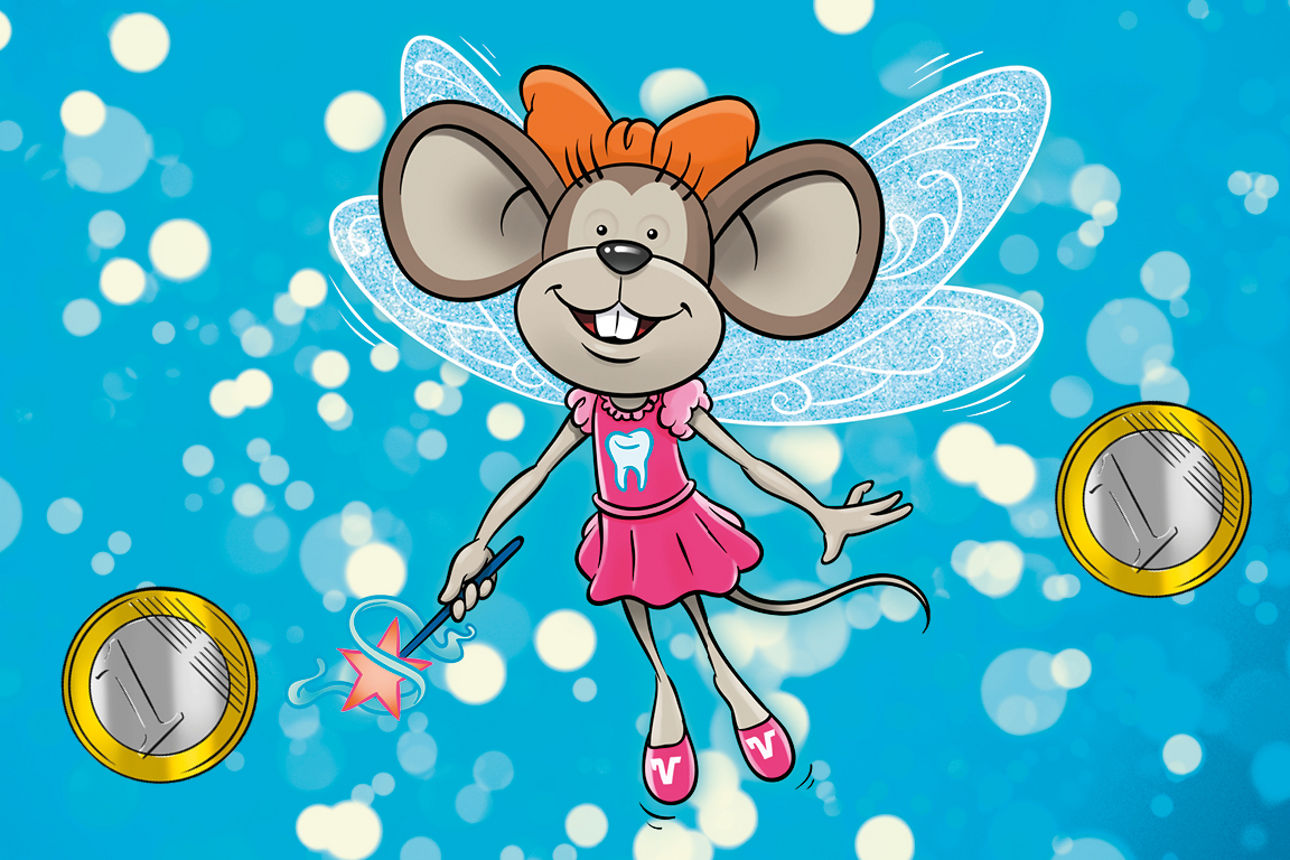 Schwebende Hanni-Maus als Zahnfee verkleidet mit 1 Euro Münzen im Hintergrund