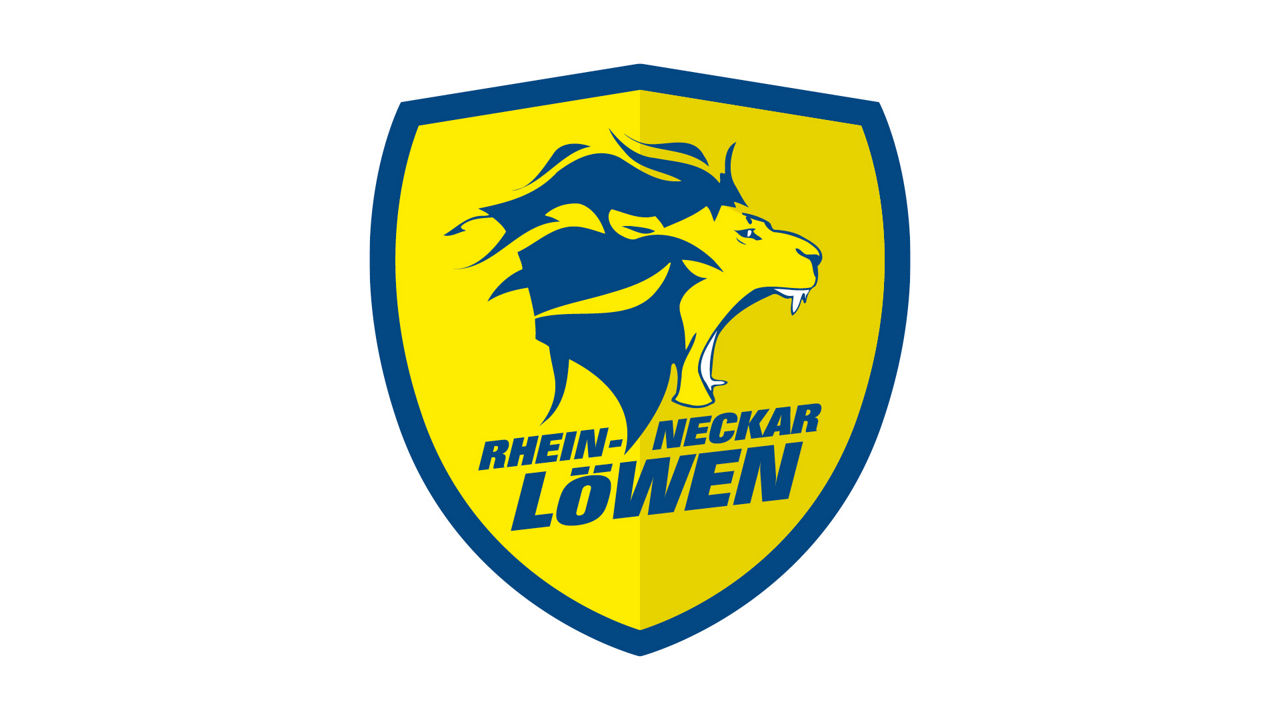 Logo der Rhein-Neckar Löwen: Löwe schaut nach rechts, größe Mähne, stark und mutig, in den Farben Blau und Gelb. 