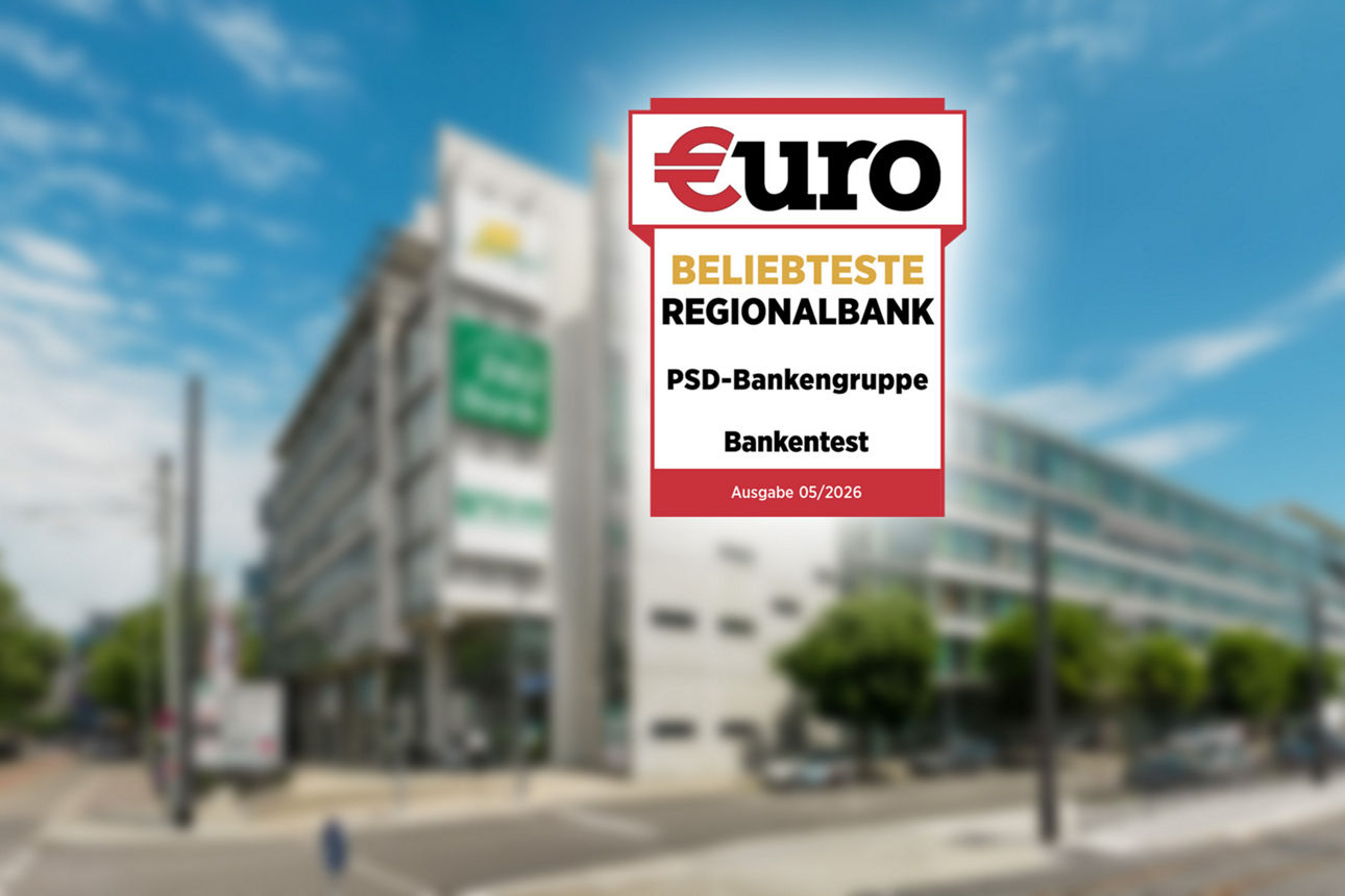 €uro-Siegel mit PSD Bankgebäude im Hintergrund