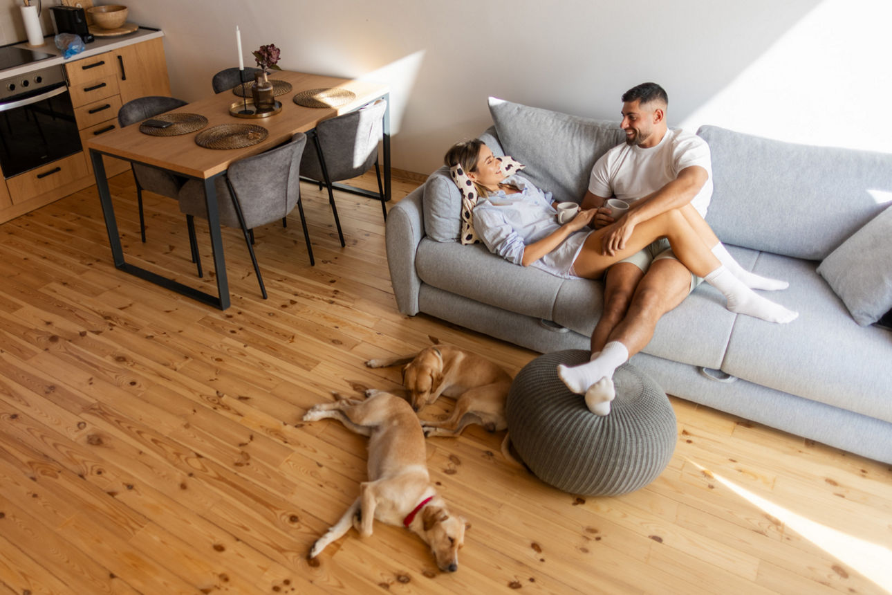 Ein junges Paar liegt auf der Couch.