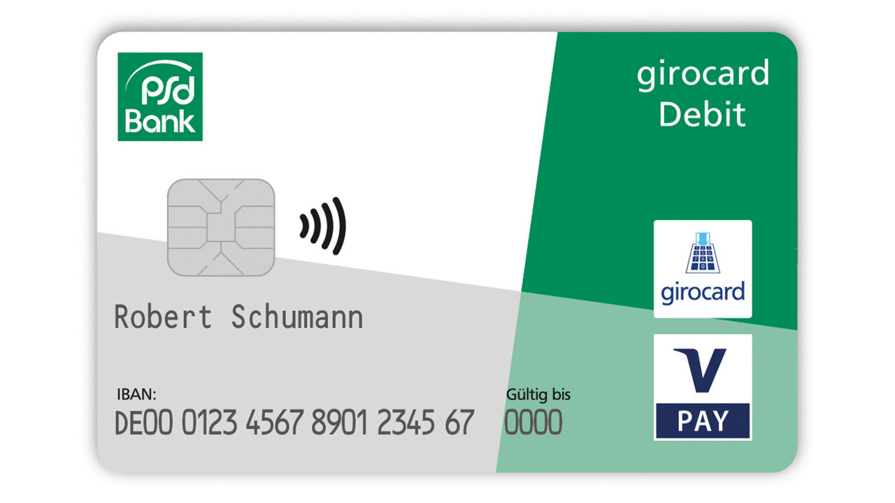 Ein Bild der grün-weißen PSD Girokarte, die aus recyceltem Plastik besteht