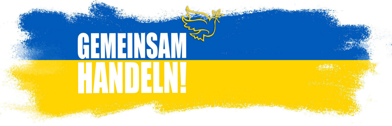 Die Ukrainische Flagge mit der Aufschrift "Gemeinsam handeln" und einer Friedenstaube