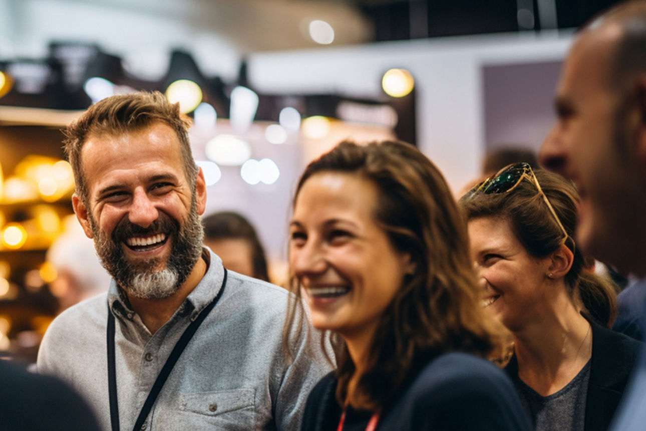 Personen unterhalten sich auf einer Messe, KI-Generiert